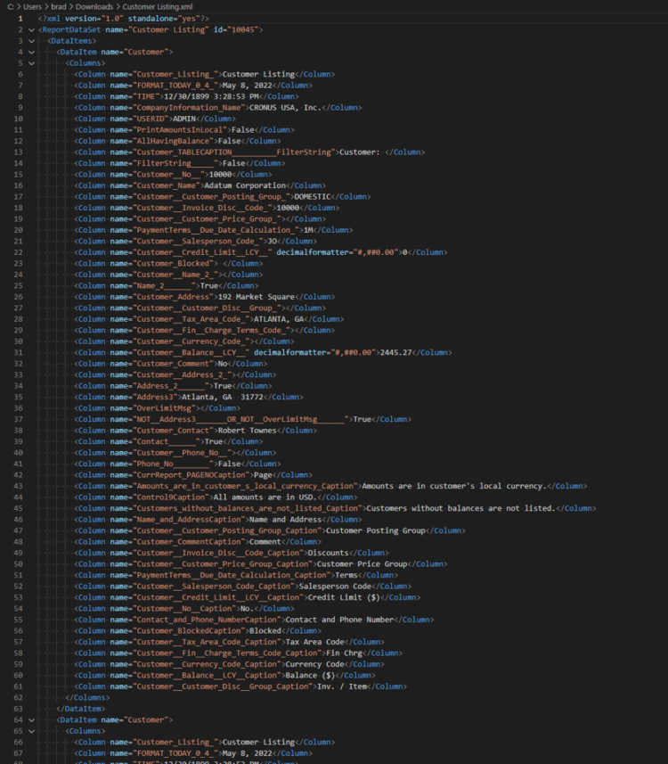 Business Central 2022 Wave 1 Users can Export Report Datasets to XML