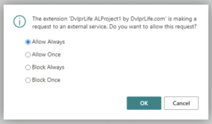 The extension [extension name] by [publisher name] is making a request to an external service. Do you want to allow this request?