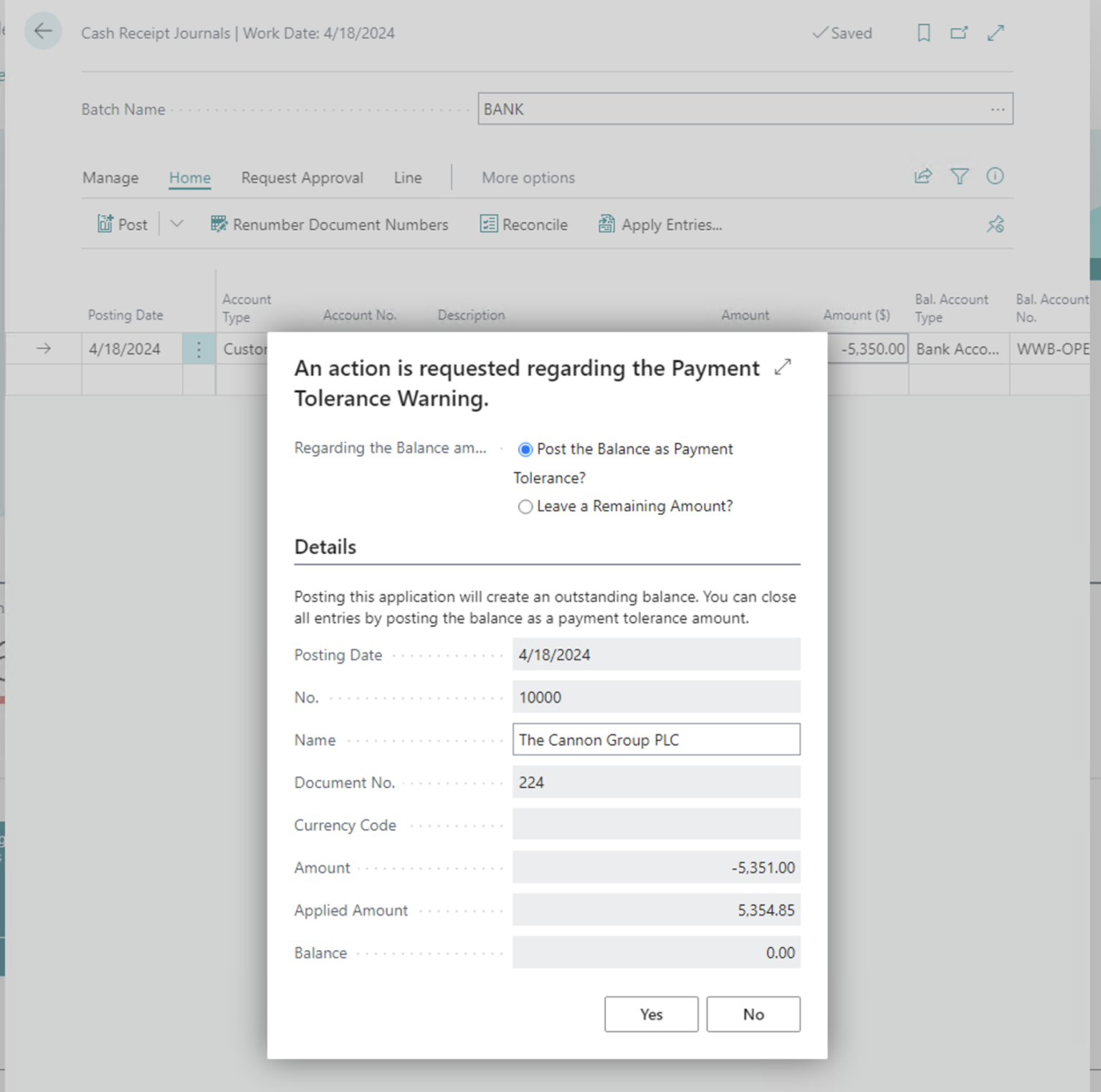 Dynamics 365 Business Central Setup Payment Tolerance