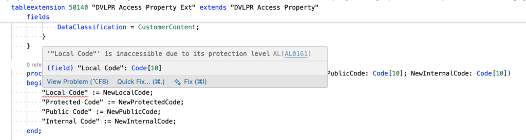 Local Access Levels are not accessible outside the table or table extension