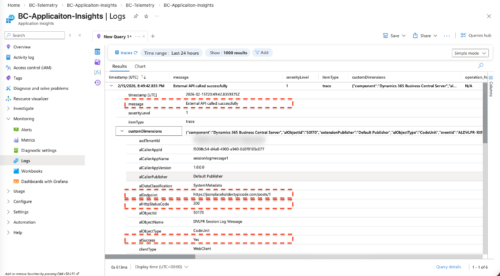 Azure AppInsights displaying Telemetry events