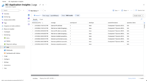 Azure AppInsights displaying Telemetry events