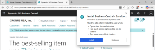 Business Central open in browser with install icon visible
