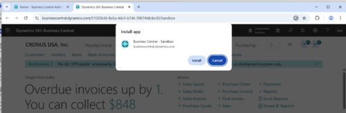 Install prompt dialog in Edge or Chrome browser