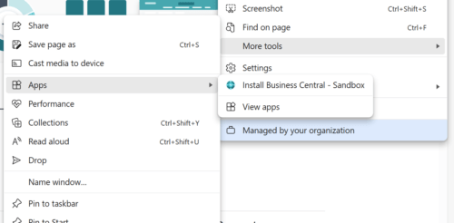 Edge Settings menu showing Install this site as an app option
