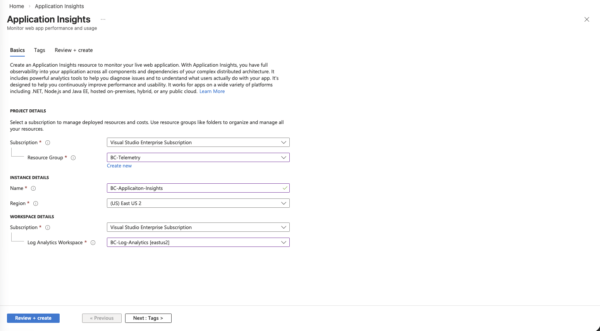 Application Insights Resource Create