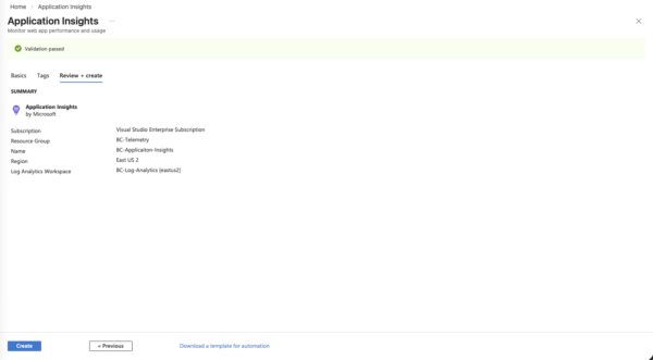 Application Insights Resource Create