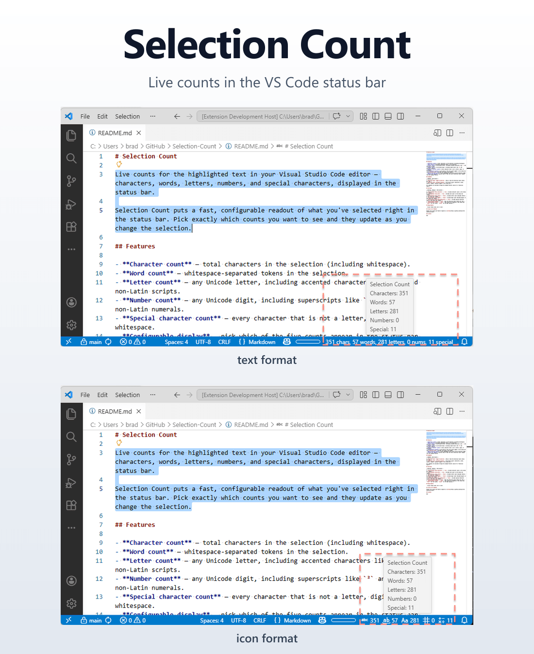 Selection Count — live counts in the VS Code status bar, in text and icon formats
