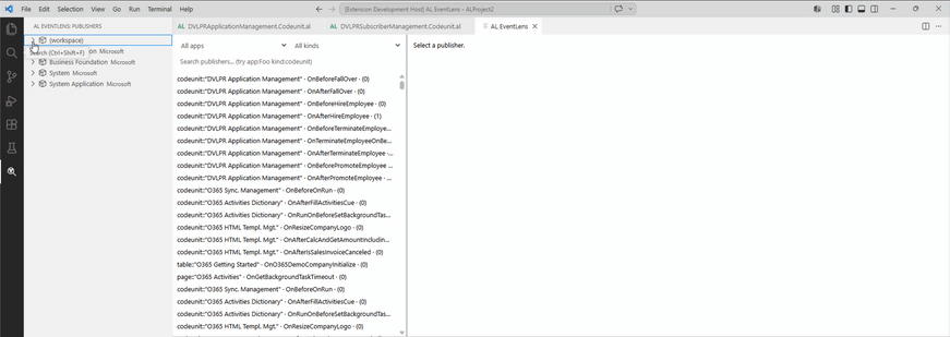 AL EventLens — browsing indexed event publishers in the searchable panel